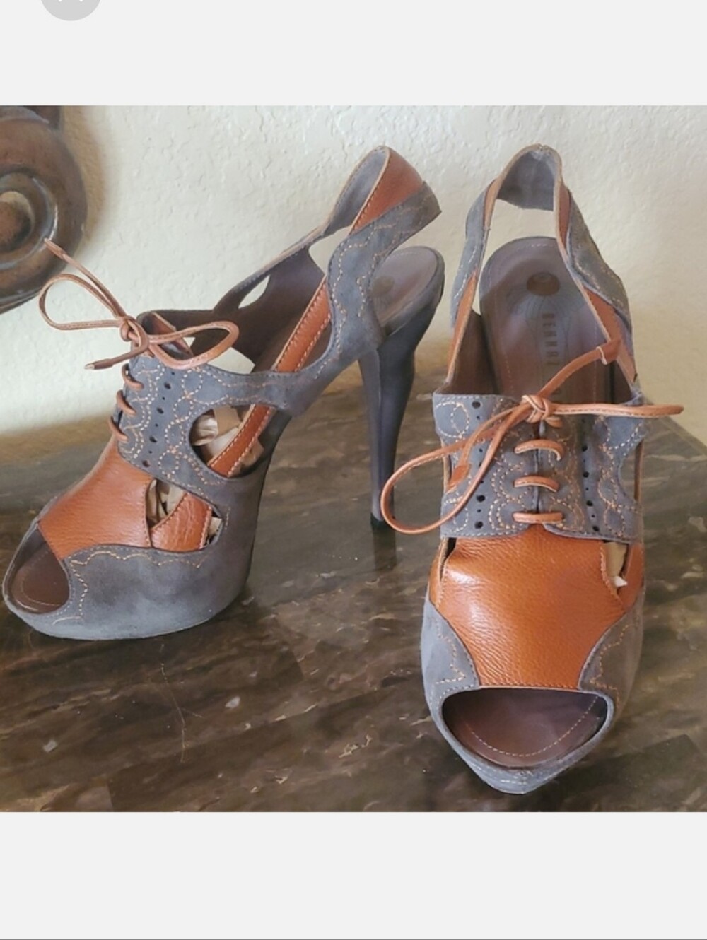 Behnaz Kanani Lace Up Suede Heels